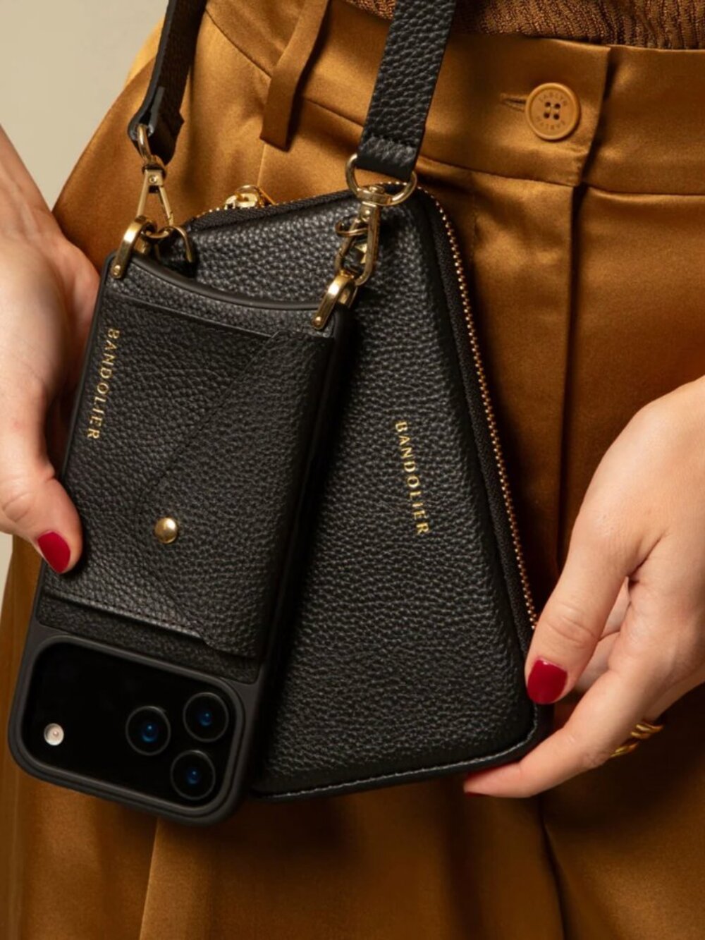 Bandolier Black Leather Crossbody Phone Case with Gold Hardware - Picture 2 of 7